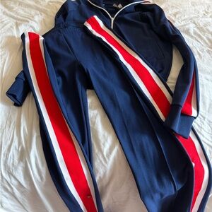 Vintage Men's Navy Tracksuit with Red and White Stripes